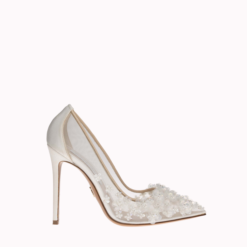 Pump Auroria 105 - White Satin Mesh with bespoke Crystal Flower Embroidery