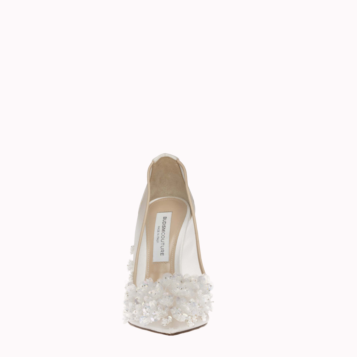 Pump Auroria 105 - White Satin Mesh with bespoke Crystal Flower Embroidery